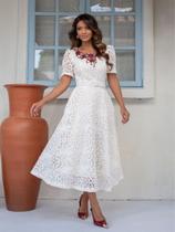 Vestido Feminino Elegante Longo de Renda Trabalhado Bordado Liso para Festa de Casamento Convidada