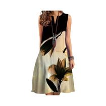 Vestido Feminino Estampado Midi - Decote V, Sem Mangas - Modelo Sexy 2024