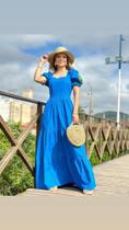 Vestido feminino estilo romântico mangas bufantes detalhes em bordados cor azul tamanho M