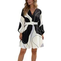 Vestido feminino Evepes, manga lanterna boho, branco com cinto e decote em V