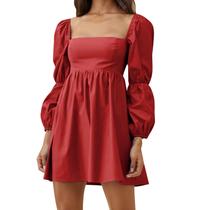 Vestido feminino EXLURA 2024, casual, manga comprida, evasê, vermelho