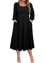 Vestido Feminino Eytino Plus Size - Gola Quadrada, Manga Comprida, Preto