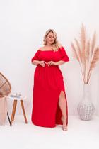 Vestido feminino festa natal Plus size longo vermelho com fenda manga godê ajustável e confortável Vestido feminino festa natal Plus size longo vermelho com fenda manga godê ajustável e confortável
