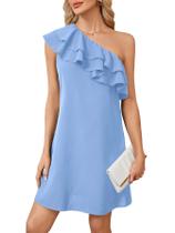 Vestido feminino Floerns com babado em camadas de um ombro, azul claro