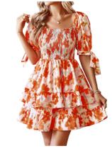 Vestido feminino Floerns com estampa floral, manga folhada e gola quadrada