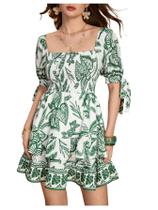 Vestido feminino Floerns com estampa floral, manga folhada, gola quadrada, verde