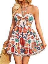 Vestido feminino Floerns, floral, gola alta, sem mangas, bege