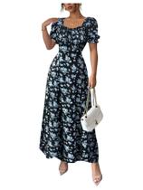 Vestido feminino Floerns Floral Milkmaid A Line Line, preto/azul