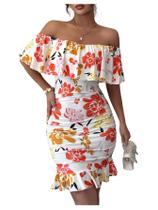 Vestido feminino Floerns, sem ombros, com acabamento em babados, estampa tropical Vestido feminino Floerns, sem ombros, com acabamento em babados, estampa tropical