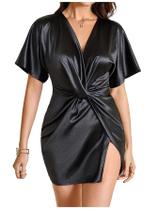 Vestido feminino Floerns Twisted Deep com decote em V, fenda alta, preto Vestido feminino Floerns Twisted Deep com decote em V, fenda alta, preto