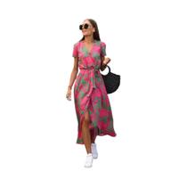 Vestido Feminino Floral Estampado Com Decote Em V Comprimento Médio Verão Dividido Estilo Férias Vestido Feminino Floral Estampado Com Decote Em V Comprimento Médio Verão Dividido Estilo Férias
