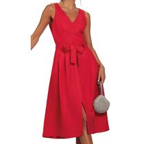 Vestido Feminino Gatos e Atos Midi Linho Vermelho - G2338