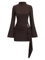 Vestido feminino GORGLITTER, manga em forma de sino, bodycon, gola simulada, café Vestido feminino GORGLITTER, manga em forma de sino, bodycon, gola simulada, café