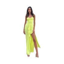 Vestido Feminino Halter Pêssego Sem Costas Com Babados E Franjas, Fenda Aberta E Franzido, Estilo Vestido Feminino Halter Pêssego Sem Costas Com Babados E Franjas, Fenda Aberta E Franzido, Estilo