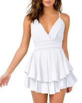 Vestido feminino Hocus com decote em V, alça espaguete, babado, mini branco