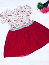 vestido feminino infantil estampa gatinho com saia vermelho