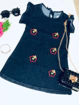 Vestido feminino infantil Jeans Azul com estampa de flores