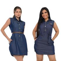 Vestido Feminino Jeans Chemise regata soltinho com botões e bolso moda