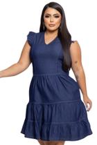 Vestido Feminino Jeans com Elastano Plus Size com Mangas de Babadinho