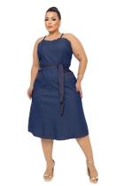 Vestido Feminino Jeans Midi com Elastano Plus Size com Alcinhas Super Elegante