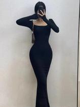 Vestido Feminino Justo De Manga Longa Com Decote Quadrado Em Malha Canelada, Elegante Para Festas De Vestido Feminino Justo De Manga Longa Com Decote Quadrado Em Malha Canelada, Elegante Para Festas De