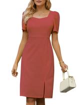 Vestido feminino LALACAT, Bodycon, manga folhada, gola quadrada, vermelho, S