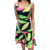 Vestido Feminino Lia Estampado Design Mid Alças Largas Viscose Com Ziper Moda Verão