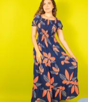 Vestido feminino longo azul com flores laranja