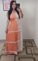 Vestido Feminino Longo - Branco com Laranja, Tam G Vestido Feminino Longo - Branco com Laranja, Tam G