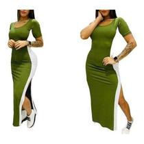 Vestido feminino longo canelado faixa lateral com fenda moda feminina - Filó Modas