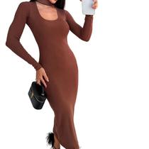 Vestido Feminino Longo Canelado Manga Longa Elegante NANDA 1101