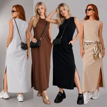 Vestido feminino longo casual com fendas e bolsos de algodão Vestido feminino longo casual com fendas e bolsos de algodão