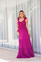 Vestido feminino longo com bojo alças largas com babado saia em camadas costas corpete lastex pink