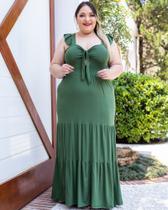 Vestido feminino longo com bojo alças largas com babado saia em camadas costas corpete lastex verde