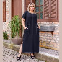 Vestido Feminino Longo Com Bolso Sobreposto Plus Size