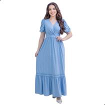 Vestido Feminino Longo de Festa em Lese Soltinho Com Babado Mangas Curta Forrado Moda Evangelica Vestido Feminino Longo de Festa em Lese Soltinho Com Babado Mangas Curta Forrado Moda Evangelica