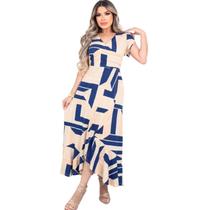 Vestido Feminino Longo Decote V Fenda Frontal Saia Com Babados Malha Viscolycra