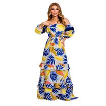 Vestido Feminino Longo Elegante Festa Floral Soltinho Outono Inverno Manga Longa Social Moderno Estiloso Babados