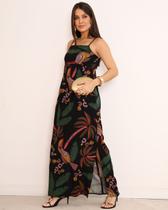 Vestido Feminino Longo Estampado Com Fendas Laterais Elegante Bolsos Frontais Viscose Pré Lavado Alta Qualidade Acintura