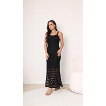 Vestido Feminino Longo Fenda Lateral Tricô Modal Longo Tricot Rendado Forrado Verão Dia a Dia