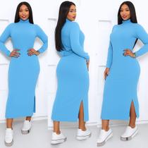 Vestido Feminino Longo Gola alta Canelado frio ribana com Fenda Lateral e Manga Longa Elegância e Conforto inverno