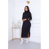 Vestido Feminino Longo Gola alta Canelado ribana com Fenda Lateral e Manga Longa Elegância