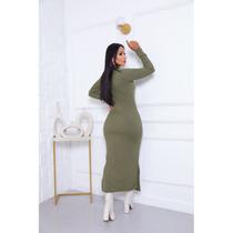 Vestido Feminino Longo Gola alta Canelado ribana com Fenda Lateral e Manga Longa Elegância