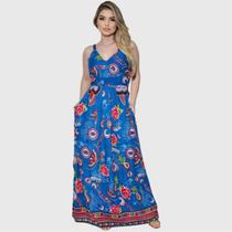 Vestido Feminino Longo Indiano Alça Estampada E Bolso 597