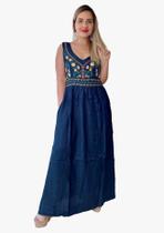 Vestido Feminino Longo Indiano Regata C/bordado E Bolso Cd68
