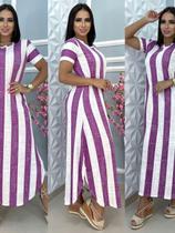 Vestido Feminino Longo Listrado Fenda Lateral Único Veste 38 ao 48 Verão Elegante Vestido Feminino Longo Listrado Fenda Lateral Único Veste 38 ao 48 Verão Elegante