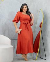 Vestido Feminino Longo Manga 3/4 Bufante Duna Linho