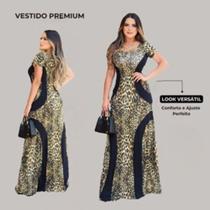 Vestido feminino longo manga Curta Estampa Onça gola canoa franjas laterais em cor preta Vestido feminino longo manga Curta Estampa Onça gola canoa franjas laterais em cor preta