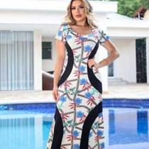 Vestido feminino longo manga curta Gola estilo Canoa estampado moda Evangelica