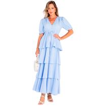 Vestido feminino longo manga curta liso com babados na saia romantica elegante em crepe com forro